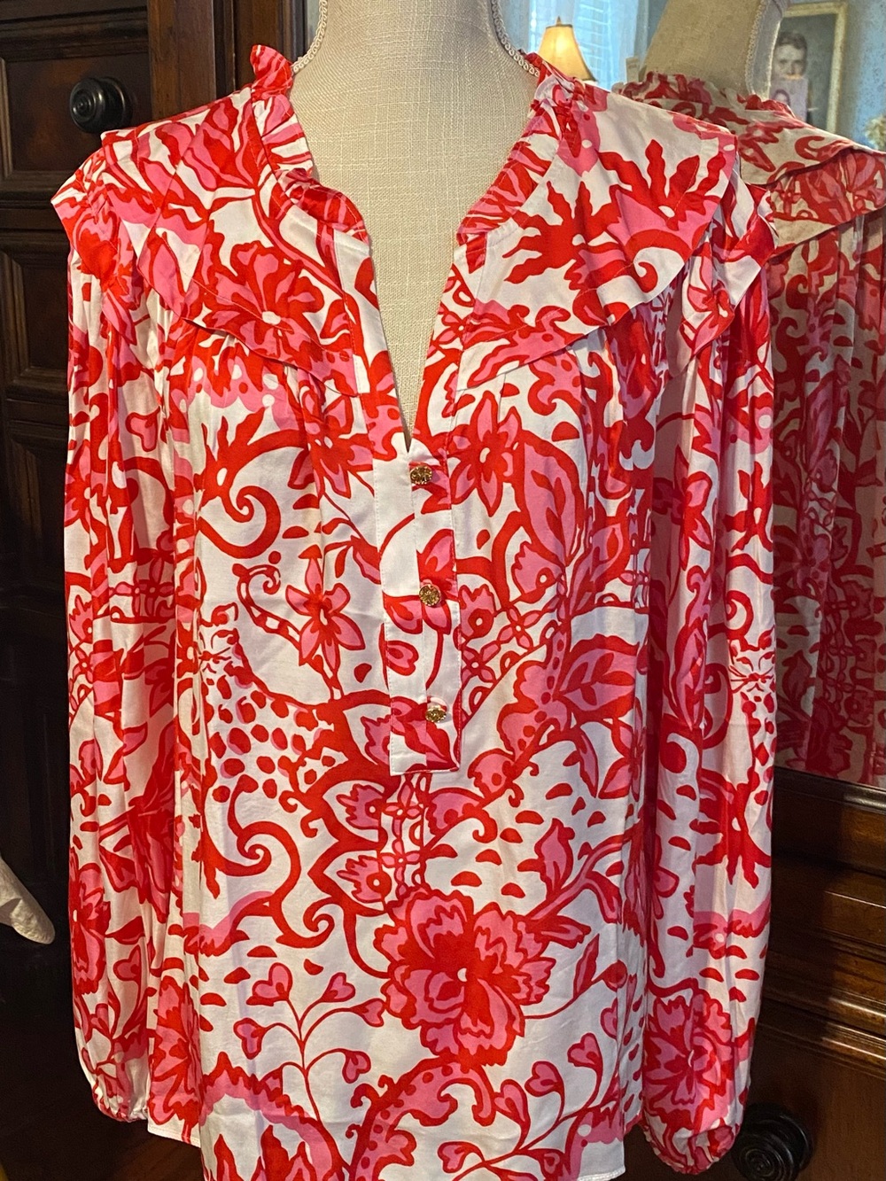 Lilly Pulitzer Women’s Floral V-Neck Japhia V-Neck Blouse - Pink & Red, size XL
